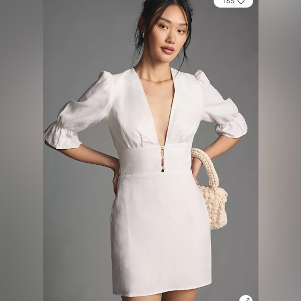 Chic White Mini Dress with Puff Sleeves - Picture 1 of 6